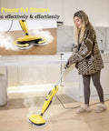 Woman using Heavy Duty Steam And Scrub Mop For Hardwood And Vinyl Floors Carries A Massive Xl Water Tank Includes Two Deep Clean Pads.