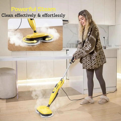 Woman using Heavy Duty Steam And Scrub Mop For Hardwood And Vinyl Floors Carries A Massive Xl Water Tank Includes Two Deep Clean Pads.