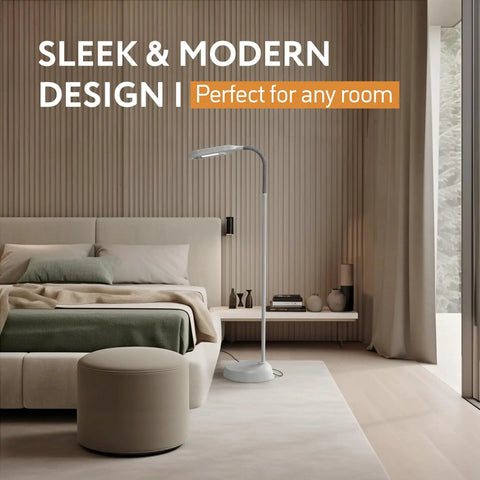 Natural Daylight Floor Lamp With Adjustable Gooseneck For Reading Crafting And Sewing in modern bedroom setting