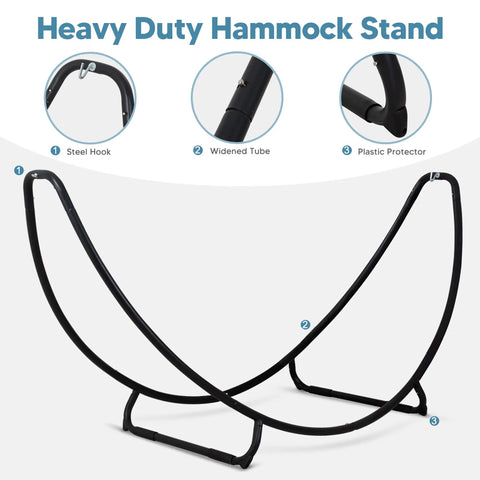 Heavy Duty Hammock Stand With Foldable Frame For Patio Hangout Ready And Easy Set Up Accommodates Two To Three People 475 Pound Capacity Stable Steel Construction With Non Slip Base Patent Pending Blue Green shown with steel hook, widened tube, and plastic protector details.