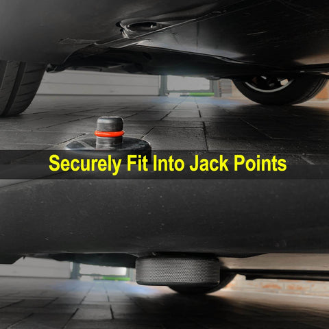 Tesla Jack Pad Set 4 Pack Rubber Lifting Pucks For Model 3 Y S X installed in chassis jack points.