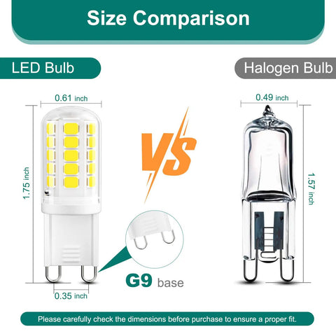 Size comparison of G9 LED Bulb 4W Cool White 6000K with halogen bulb, showing dimensions and bi-pin base design.