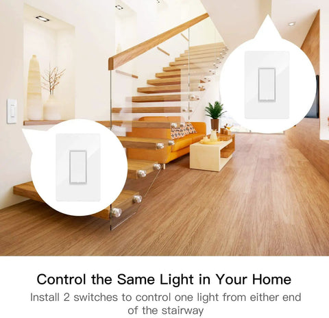 3 Way WiFi Smart Light Switches 4 Pack With 2.4GHz Connectivity installed by staircase, showing control from two locations.