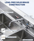 Lead-Free 8 Inch Center Wall Mount 3 Compartment Sink Faucet with 8" Spout, showcasing solid brass construction and 360° swivel spout.