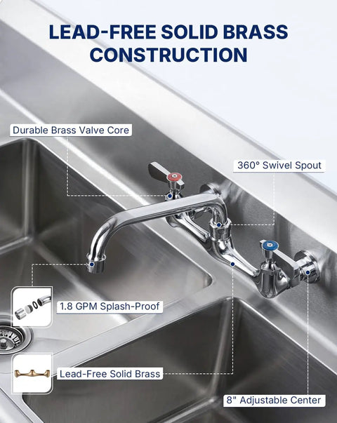 Lead-Free 8 Inch Center Wall Mount 3 Compartment Sink Faucet with 8" Spout, showcasing solid brass construction and 360° swivel spout.