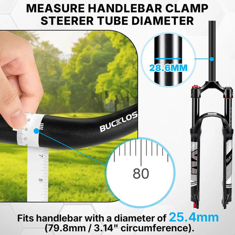 Adjustable Bike Stem 25.4mm 31.8mm for MTB and Road Bikes, measurement of handlebar diameter, shown in a scenic background