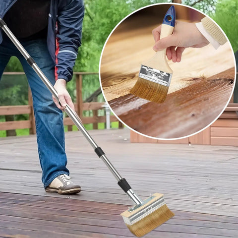 Stain Brush Kit With 60 Inch Long Handle For Decks And Wood Surfaces Includes 6 Inch Wide Deck Brush In Use On Wooden Deck