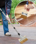 Person using Long Handle Deck Stain Brush Set Pro Grade With 60 Inch Reach Includes 6 Inch Wide Stain Brush And 3 Inch Detail Paint Brushes For Painting Wood Decks Fences Walls And Furniture