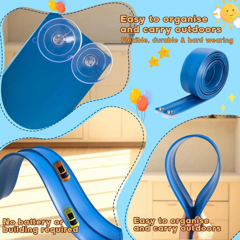 Race Car Track Starter Set With Flexible 15 Foot Ramp showing blue track with suction cups and loop for 1:64 scale cars.