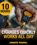 Wearable Clip On Bluetooth Speaker For Job Sites, being held, shows rugged yellow design and charging cable connection.