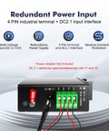 Rear view of Rugged 5 Port Industrial Gigabit Ethernet Switch showing 4 PIN terminal and DC 2.1 input for power, IP30 rated.