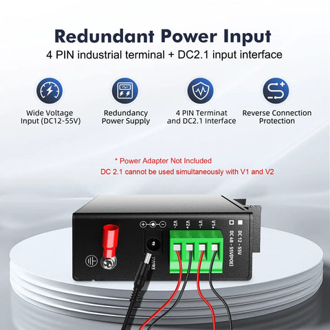 Rear view of Rugged 5 Port Industrial Gigabit Ethernet Switch showing 4 PIN terminal and DC 2.1 input for power, IP30 rated.