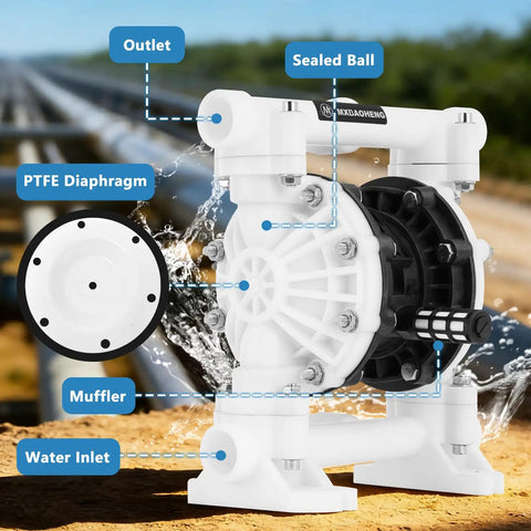 Pro Grade Air Operated Double Diaphragm Pump 15 GPM 1 Inch Port features PTFE diaphragm, water inlet, and outlet.