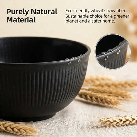 Close-up of black bowl from Built Tough 36 Piece Wheat Straw Dinnerware Set For 6 No Fuss Unbreakable Bowls Plates And Cups Dishware Safe For Dishwasher And Microwave Ideal For Outdoor Camping Black with wheat straw