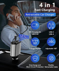 Retractable Car Charger With Four USB Ports Fast Charge Cable Built In Type C And Type A, showing usage in car with phone and voltage monitor.
