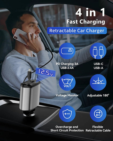 Retractable Car Charger With Four USB Ports Fast Charge Cable Built In Type C And Type A, showing usage in car with phone and voltage monitor.