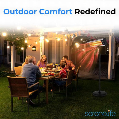 Infrared Patio Heater 1500W Portable Standing Heater With Remote Control used in an outdoor dining setting.