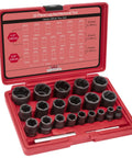 22 Piece Bolt Extractor Set With One Half Inch And Three Eighth Inch Drive Easy Out Stripped Lug Nut Remover Kit For Damaged Rusted Broken Nuts And Screws Wheel Lock Removal Tool In Red case showing tools and sizes.
