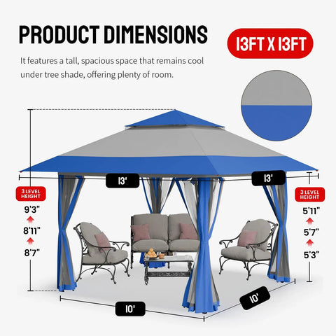 13x13 Pop Up Gazebo Canopy Tent For Backyard And Patio Easy One Push Center Lock Setup No Hassle In Seconds Large Space Party Shelter With Wheeled STO NO GO Cover Bag Blue And Grey Outdoor Gazebo