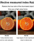 Comparison of color reproduction quality, showing RA>85 and RA>90 with visible orange fruit details, highlighting natural colors.
