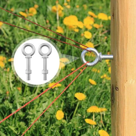 Built Like A Tank Heavy Duty 8 Pack 3/4 X 4 1/2 Inch Shoulder Eye Bolts With Nuts securing red rope to wood post in garden