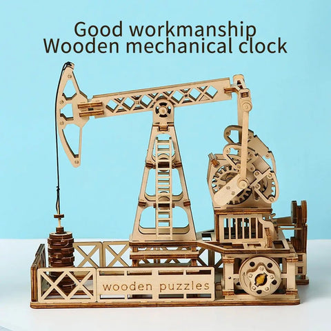 3D Wooden Oil Derrick Model Kit For Adults, Dope Mechanical Engineering DIY Project on blue background.