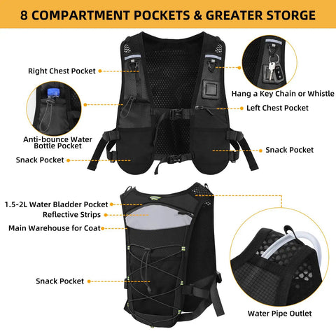 Lightweight Hydration Running Vest Pack With Adjustable Chest Straps And Front Pockets For Easy Hydration On The Go Ideal For Running Cycling And Hiking Front Straps Fit 500 Milliliter Bottles And No Bounce shown with storage compartments