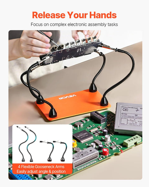 Magnetic Helping Hands Soldering Station with four gooseneck arms holding PCB board, non-slip steel base for electronics repair.