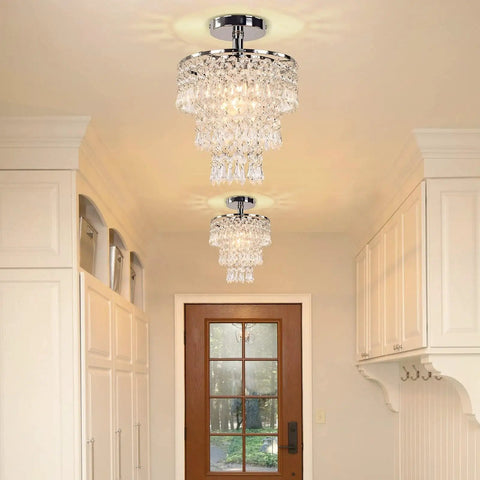 Small Three Tier Crystal Chandelier LED Pendant Light With Dope Raindrop Crystals Chrome Finish in hallway ceiling