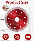 Front view of Ultra Thin 4.5 Inch Diamond Tile Blade For Angle Grinder With Turbo X Teeth, red, for porcelain and ceramic cuts.