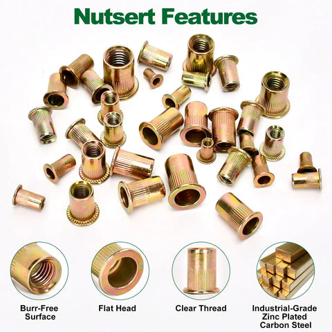 Garage-Ready 850-Piece Rivet Nut Kit With SAE And Metric Sizes, Flat Head Threaded Inserts For DIY Projects And Auto Repairs Includes M3 To M10 And Inch Sizes Like 1/4-20, 5/16-18, 3/8-16, zinc plated steel