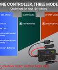 Diagram showing 10 Amp 12 Volt MPPT Solar Charge Controller with LCD for Gel, AGM, LiFePO4 batteries and modes.