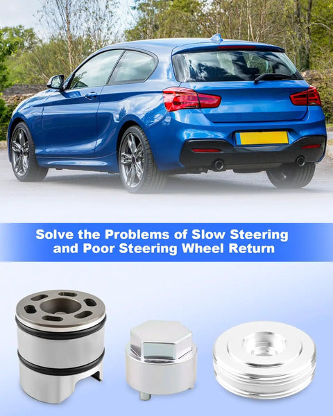 BMW car with Steering Rack Repair Kit for F20 to F36, showcasing direct fit plug and play OEM quality replacement.