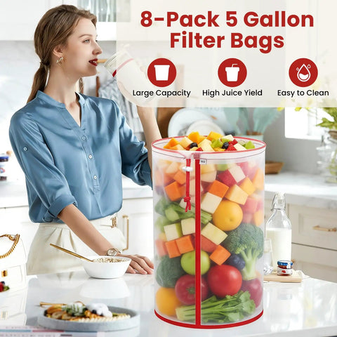 Woman with a glass near filled Eight Pack Nylon Mesh Filter Bags for 5 Gallon Buckets Reusable Hydroponics Filtration Set.