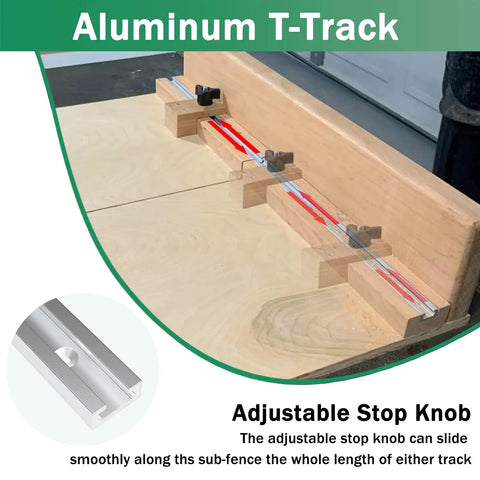 Table Saw Sled Kit For Clean Crosscuts And Repeat Length Cuts With 2 Aluminum T Tracks shown on wooden surface