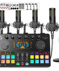 Four Person Podcast Starter Kit With Audio Interface And Four Dynamic Mics, Desk Microphone Stands, DJ Mixer, and Voice Changer