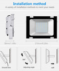Installation methods for JUDYSSY Solar Flood Lights 50W Led Floodlight, showcasing angle adjustments and dimensions.
