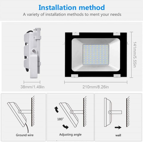 Installation methods for JUDYSSY Solar Flood Lights 50W Led Floodlight, showcasing angle adjustments and dimensions.