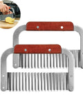 Front view of 2-pack stainless steel crinkle cutters with wooden handles for vegetables.