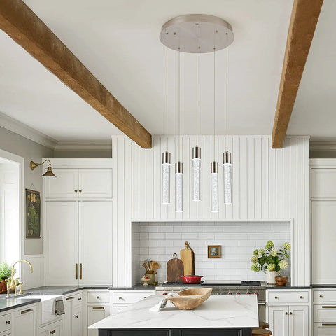 Five-Light Crystal Bubble Pendant Lights For Kitchen Island In Brushed Nickel, Integrated 40W LED, contemporary kitchen setting.