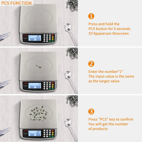 Massive 88Lb 40Kg Digital Kitchen Scale With 0.05Oz 1G Precision showing PCS function with screws and LCD display