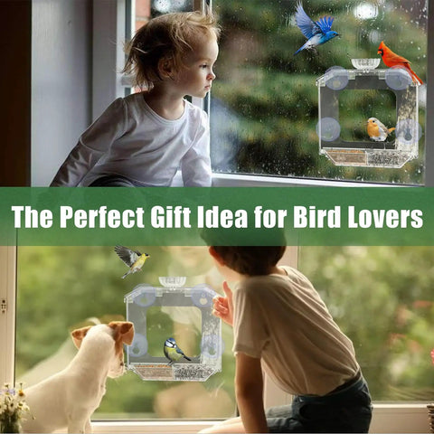 Child and dog watching birds at clear window bird feeder with ultra strong suction cups dual seed tray and water bowl.