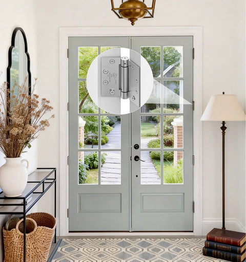 Self Closing Door Hinges 4.5 Inch Spring Hinges with Adjustable Tension 3 Pack installed on glass door