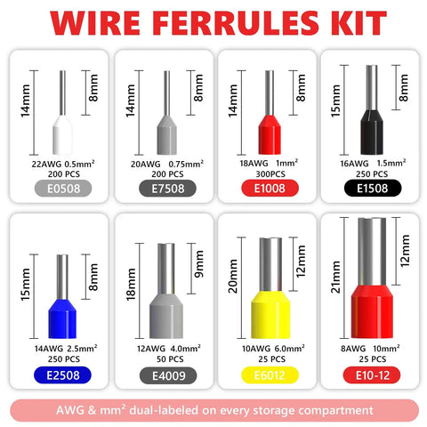 Fresh 1300 Pcs Insulated Wire Ferrule Connectors Kit For AWG 8 To 22 Tinned Copper Crimp Terminals, assorted sizes