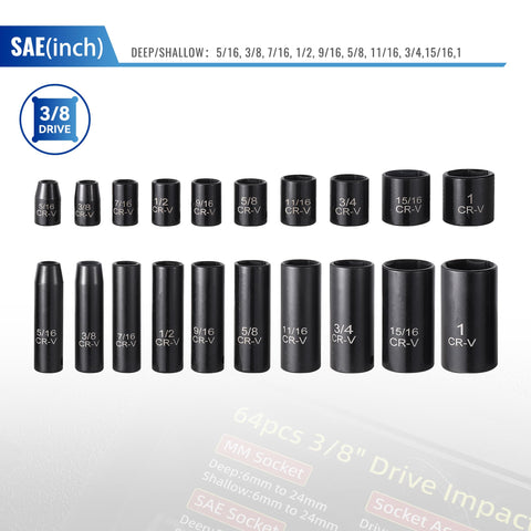 64 Piece Three Eighths Inch Drive Socket Set With SAE Five Sixteenths To One Inch And Metric Six Millimeter To Twenty Four Millimeter Sockets Deep And Shallow Wells 72 Tooth Ratchet Wrench Extension Bars Reducer Universal Joint And Drill Adapter, CR-V sockets