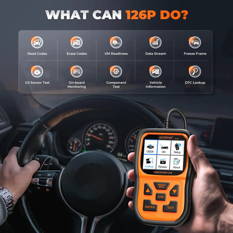 OM126P OBD2 Scanner for Cars After 1996 in use inside vehicle, showing menu on screen