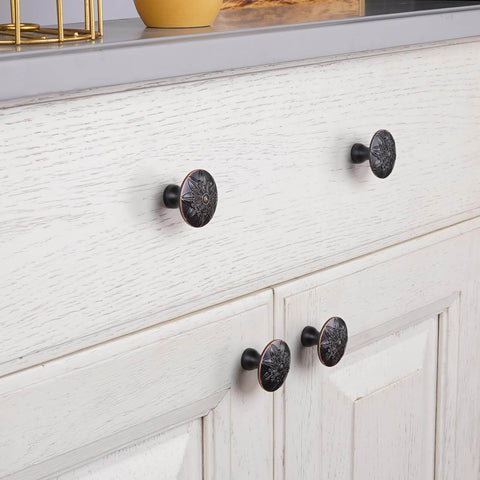 Oil Rubbed Bronze Cabinet Knobs Set 10 Pack One Point Four Inch Round Floral Design For Kitchen Cabinets And Drawers Antique Bronze