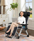 Woman using Cozy Folding Recliner Chair With Adjustable Back And Removable Cushion for indoor office relaxation.