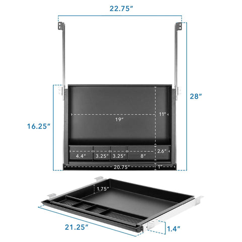 Under Desk Pencil Drawer With Ball Bearing Slide-Out Organizer for Office Supplies Paper And Pencils, 21.25 Inch Wide, Extends 16.25 To 28 Inches, Fits Desks Over 1 Inch Thick - top and side view with dimensions