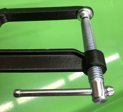 5 Inch Deep Throat U Clamp With About Two To Three Quarter Inch Jaw Opening And Five And A Half Inch Throat Depth, Malleable Steel Construction, Powder Coat Finish For Rust Resistance, Sliding T Handle For A Tight Grip, Lightweight 1.6 Lb., close-up